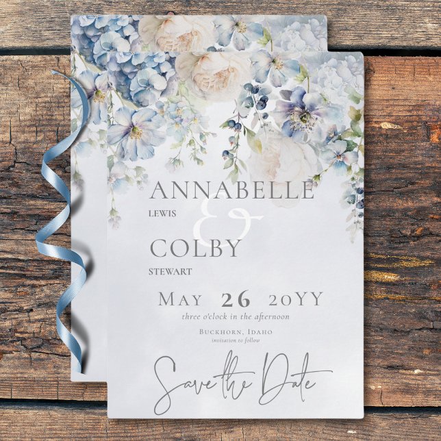 Reserve A Data Casamento Floral Moderno Azul e Branco (Blue & White Floral Modern Wedding Save The Date)