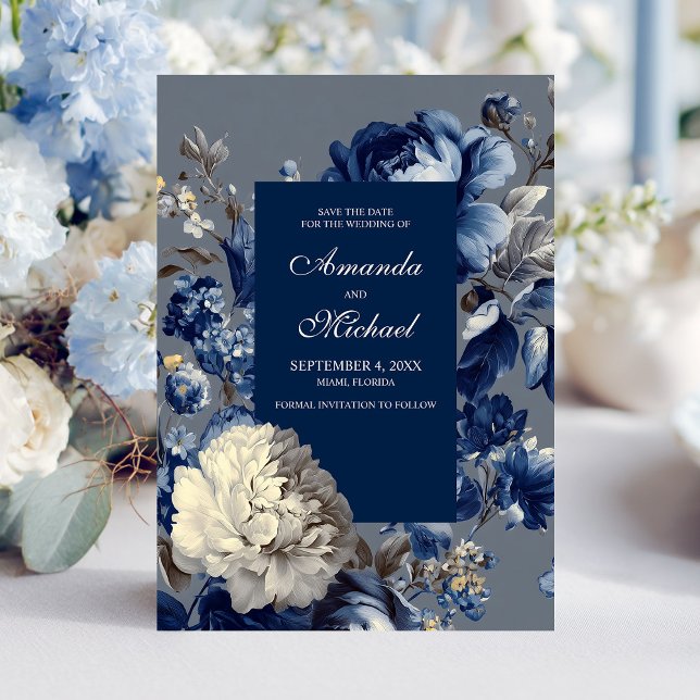 Reserve A Data Casamento Floral Moderno de Blues e Cinzas (Modern Blues & Gray Floral Wedding Save The Date)