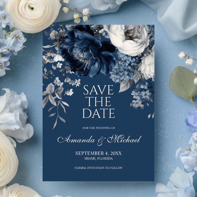 Reserve A Data Casamento Floral Moderno de Blues e Cinzas (Modern Blues & Gray Floral Wedding Save The Date)
