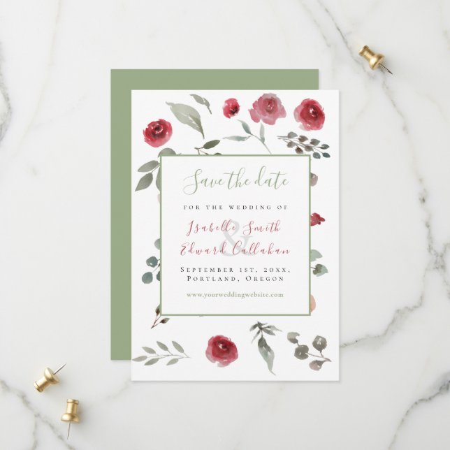 Reserve A Data Casamento Floral Moderno em Verde Sage e Borgonha (Frente/Verso In Situ)