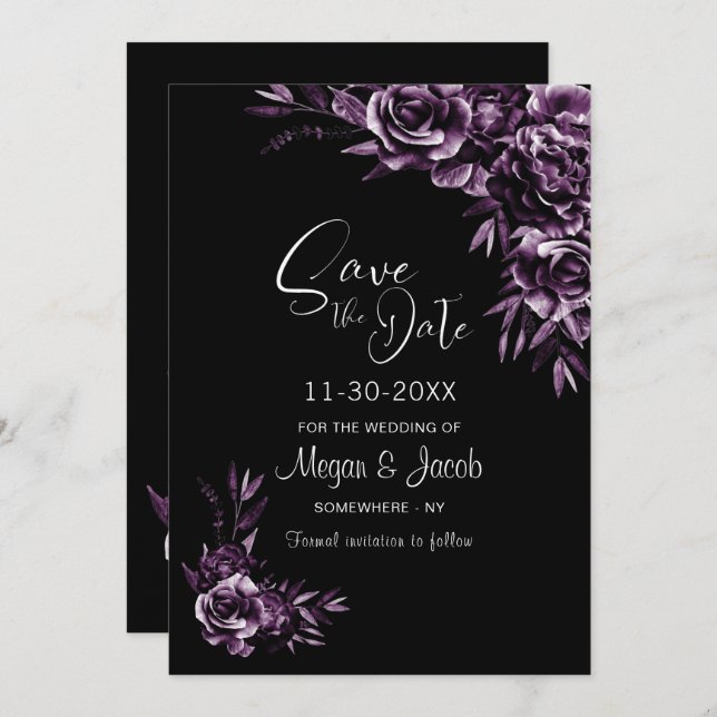 Reserve A Data Casamento Floral Moody Black and Purple (Frente/Verso)