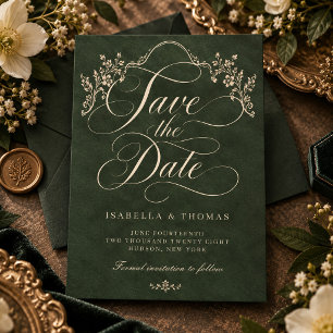 Reserve A Data Casamento Floral Ornate Verde Floresta Vintage