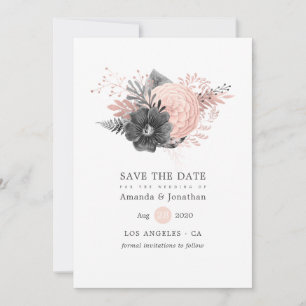 Reserve A Data Casamento Floral Pastel Blush Pink e Carvão