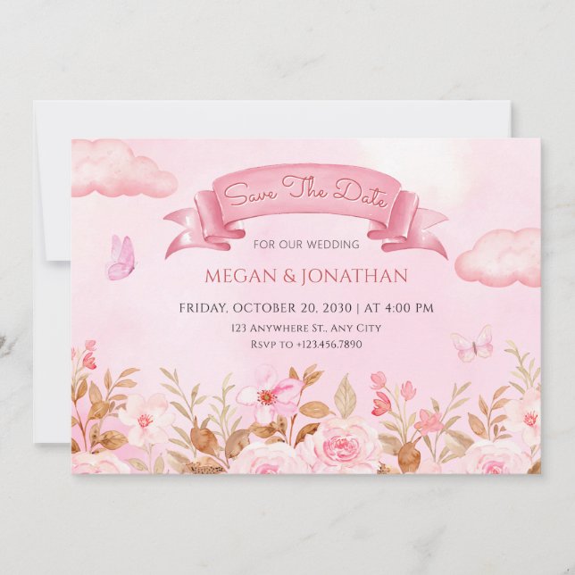 Reserve A Data Casamento floral pastel cor-de-rosa (Frente)
