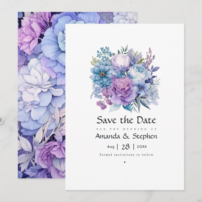 Reserve A Data Casamento Floral Prateado, Azul Gelo e Lilás (Frente/Verso)
