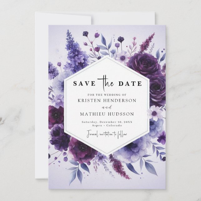 Reserve A Data Casamento Floral Purple de Campo Único (Frente)