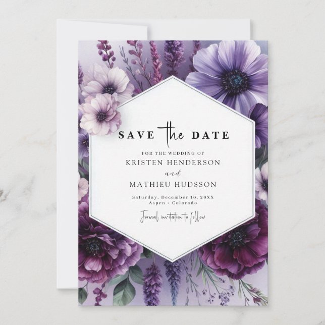 Reserve A Data Casamento Floral Púrpura Imprimível Clássico (Frente)