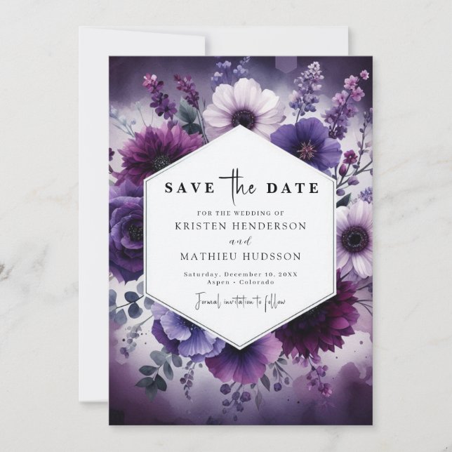 Reserve A Data Casamento Floral Púrpura Imprimível Personalizado (Frente)
