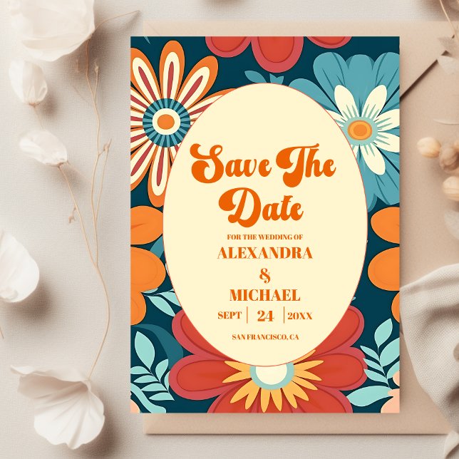 Reserve A Data Casamento Floral Retro dos Anos 70 (Criador carregado)