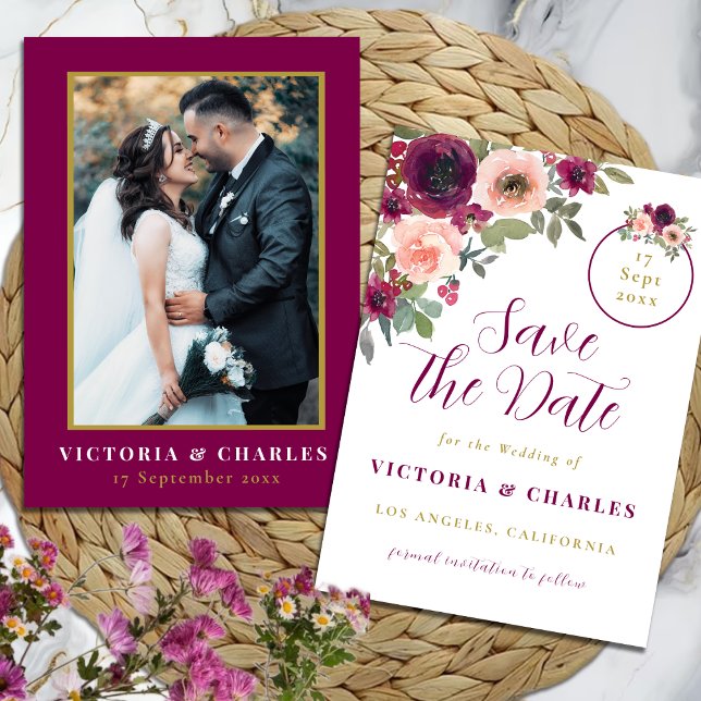 Reserve A Data Casamento Floral Romântico Burgundy (Criador carregado)