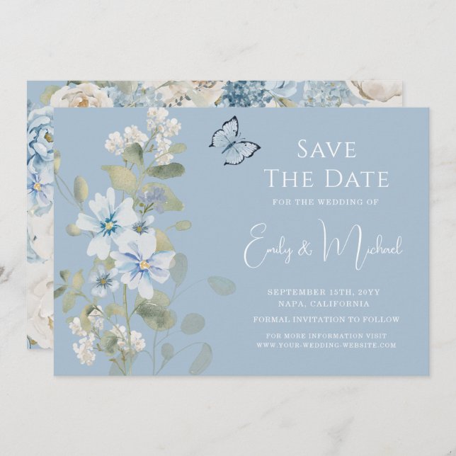 Reserve A Data Casamento Floral Romântico de Molas Azuis Azuis (Frente/Verso)