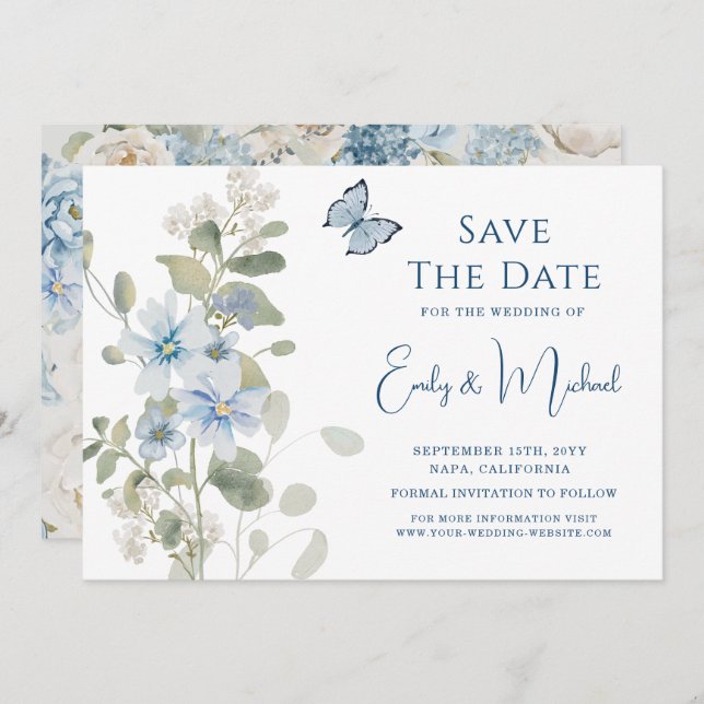 Reserve A Data Casamento Floral Romântico de Molas Azuis Azuis (Frente/Verso)