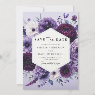 Reserve A Data Casamento Floral Romântico Roxo Elegante