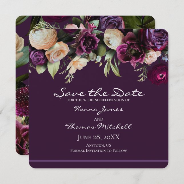 Reserve A Data Casamento Floral Romântico - Roxo Escuro (Frente/Verso)