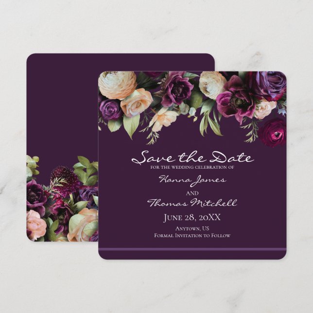 Reserve A Data Casamento Floral Romântico - Roxo Escuro (Frente/Verso)