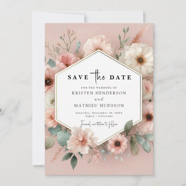 Reserve A Data Casamento Floral Rosa Amável e Russo (Frente)