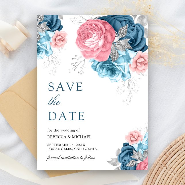 Reserve A Data Casamento Floral Rosa Azul Empoeirado (Criador carregado)