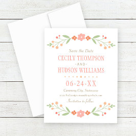 Reserve A Data Casamento Floral Rosa Coral e Verde Rústico