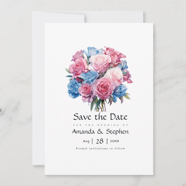 Reserve A Data Casamento Floral Rosa e Azul (Frente)