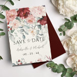 Reserve A Data Casamento Floral Rosa-Esbranquiçado Burgundy<br><div class="desc">Peias requintadas de burgundy & blush de aquarela foram usadas para criar este elegante lembrete Salvar a Data. Perfeito para qualquer casamento. Personalizar conforme necessário. Para personalizar, clique no link "personalizar mais" e use a ferramenta design para fazer alterações. Muitas seleções de papel, assim como formas de papel. 100% de...</div>