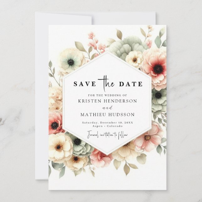 Reserve A Data Casamento Floral Rosa-Na moda Romântico (Frente)