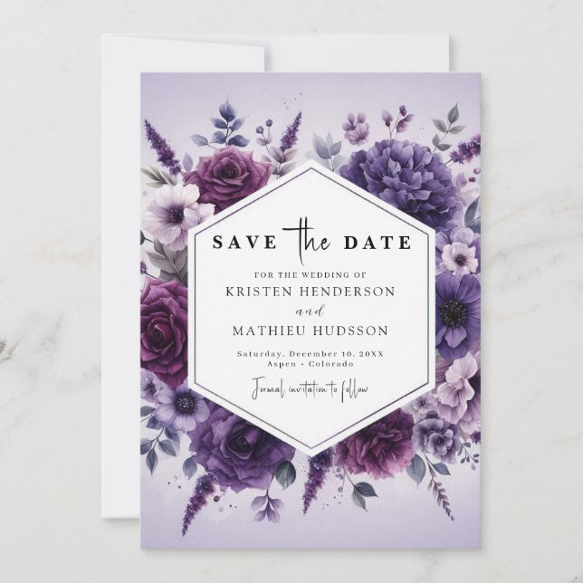 Reserve A Data Casamento Floral Roxo Botânico Moderno (Frente)