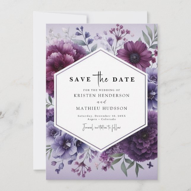 Reserve A Data Casamento Floral Roxo das Flores Simples (Frente)