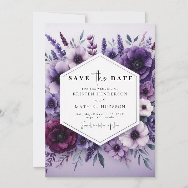 Reserve A Data Casamento Floral Roxo de Florais Mínimo (Frente)