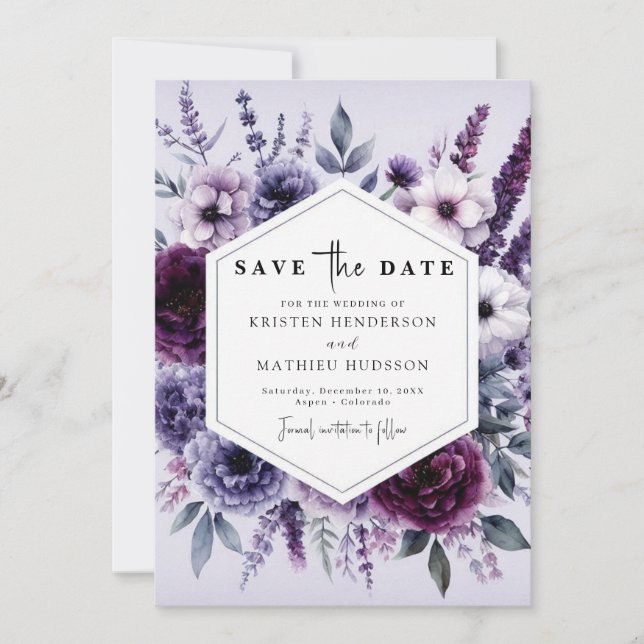 Reserve A Data Casamento Floral Roxo de Sangue Moderno (Frente)