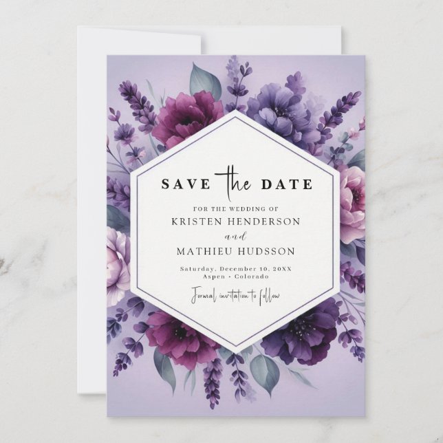 Reserve A Data Casamento Floral Roxo Digital Elegante (Frente)