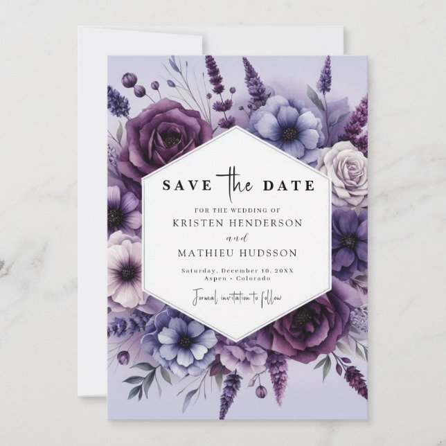 Reserve A Data Casamento Floral Roxo Digital Moderno (Frente)