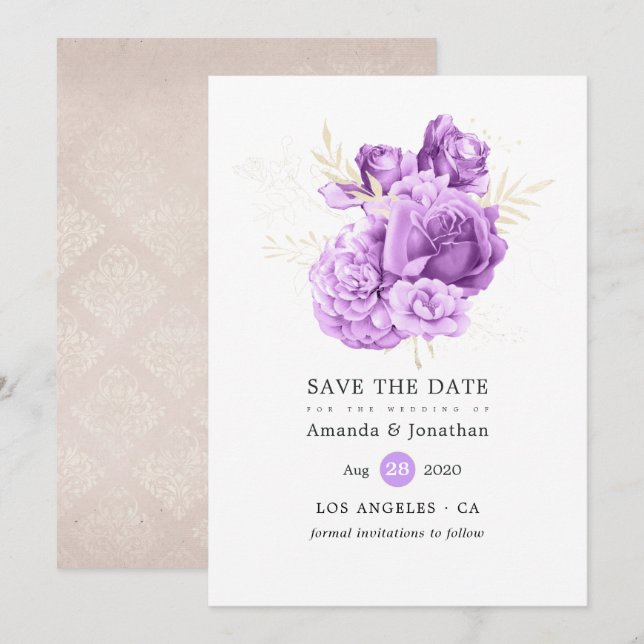 Reserve A Data Casamento Floral Roxo e Marfim (Frente/Verso)