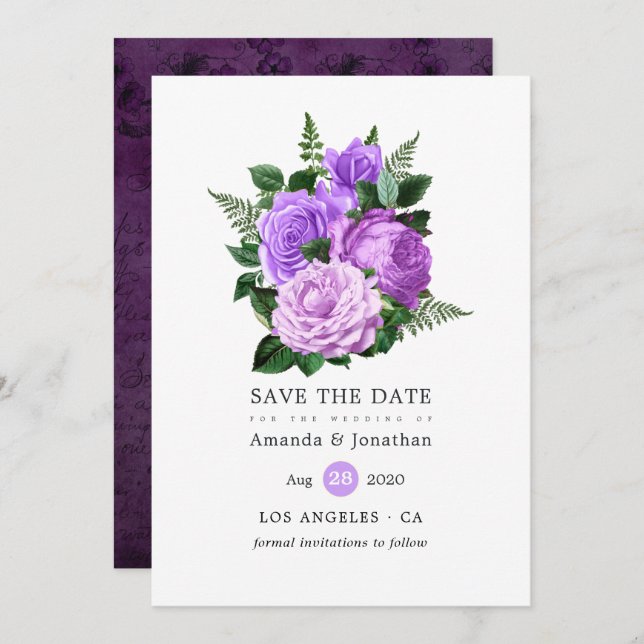 Reserve A Data Casamento Floral Roxo e Verde (Frente/Verso)