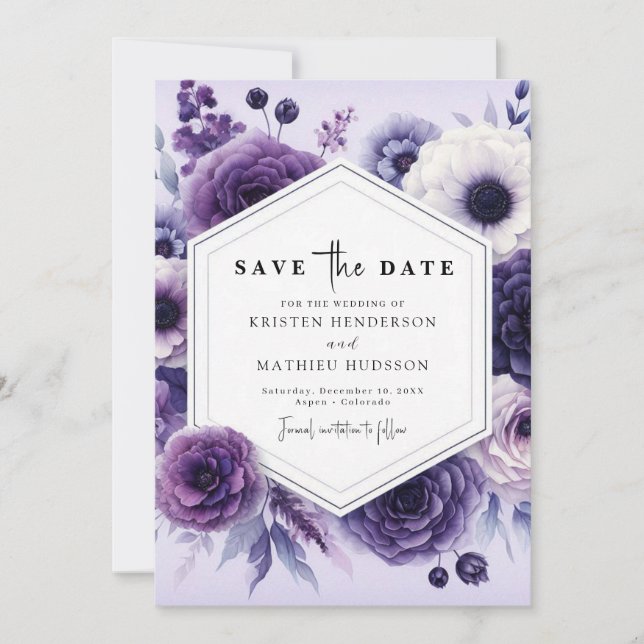 Reserve A Data Casamento Floral Roxo Elegante (Frente)