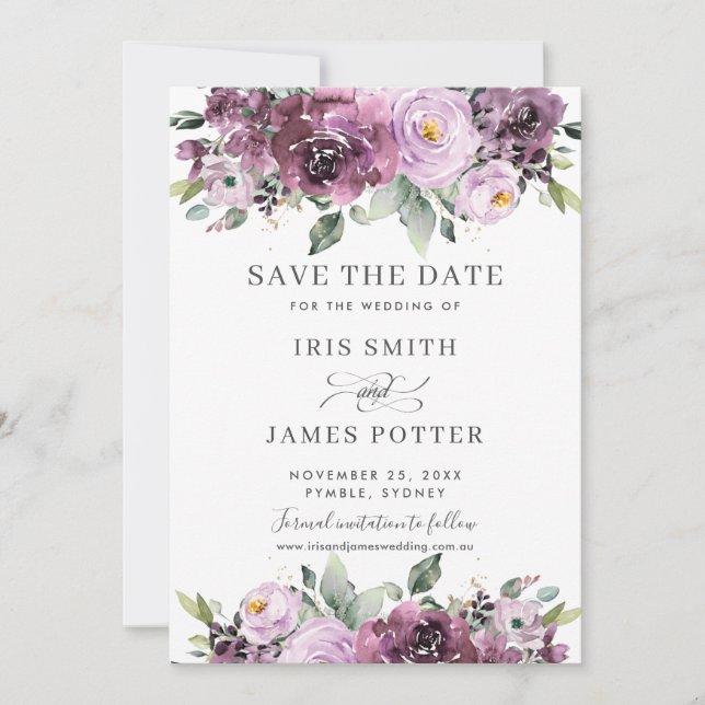 Reserve A Data Casamento Floral Roxo Elegante Ameixa  (Frente)
