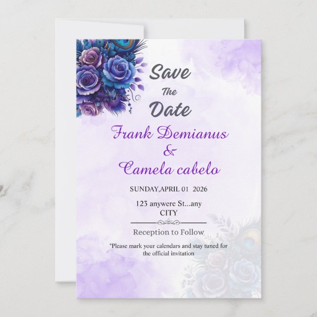 Reserve A Data Casamento Floral Roxo Elegante Salvar A Data (Frente)