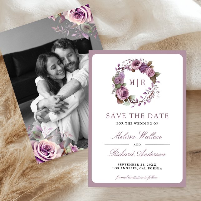 Reserve A Data Casamento Floral Roxo Empoeirado Rústico Foto (Criador carregado)