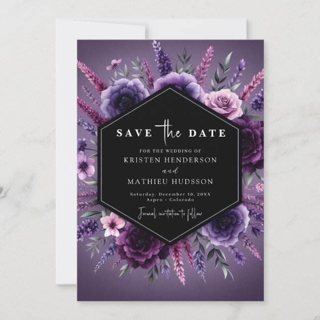 Reserve A Data Casamento Floral Roxo Mínimo Imprimível (Frente)