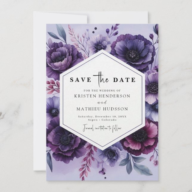 Reserve A Data Casamento Floral Roxo na moda Romântico (Frente)