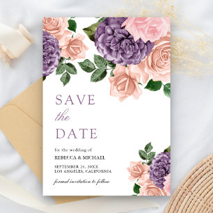 Reserve A Data Casamento Floral Roxo Pêssego Empoeirado Rústico
