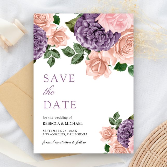 Reserve A Data Casamento Floral Roxo Pêssego Empoeirado Rústico (Criador carregado)