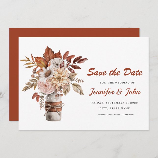 Reserve A Data Casamento Floral Russo de Terracotta no outono (Frente/Verso)