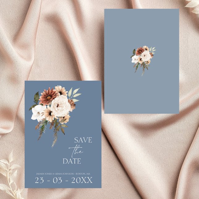 Reserve A Data Casamento Floral Rustic Blue Peach Salvar a Data (Elegant Dusty Blue Floral Wedding Save the Date)