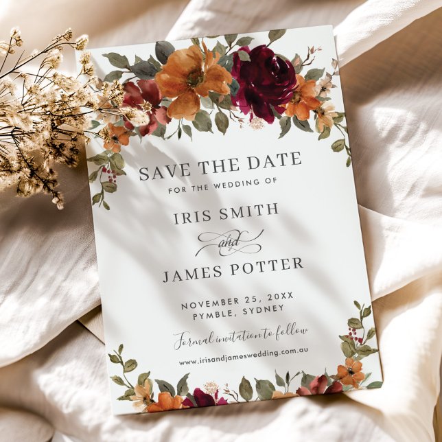 Reserve A Data Casamento Floral Rustic Chic Burgundy Burnt Orange (rustic-elegant-burgundy-burnt-orange-floral-autumn-fall-wedding-save-the-date-cards-printed-digital)