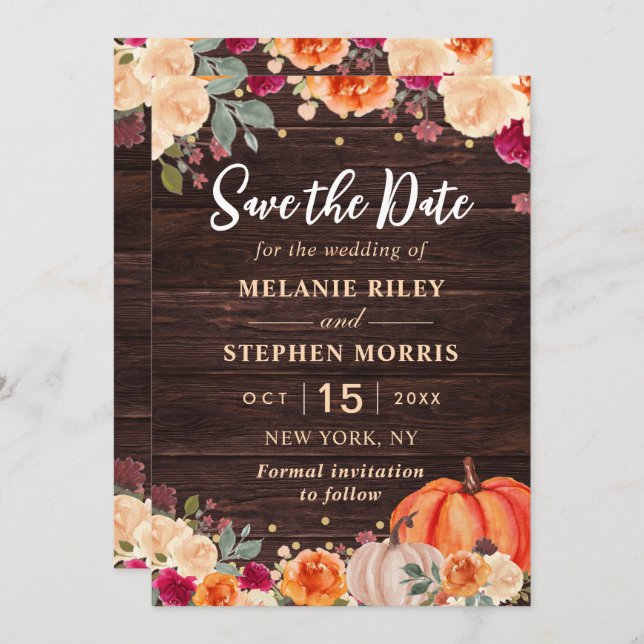 Reserve A Data Casamento floral Rustic Fall Pumpkin salvo a data (Frente/Verso)