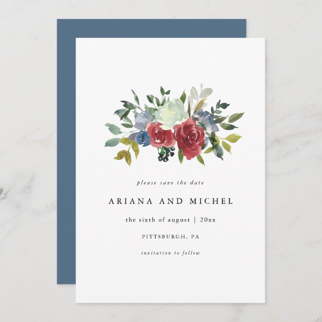 Reserve A Data Casamento Floral Rustic Red and Blue (Frente/Verso)