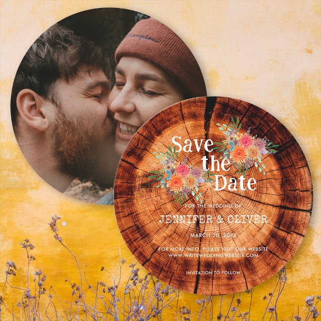 Reserve A Data Casamento Floral Rústico Árvore Casca Fotografia (Front/Back)