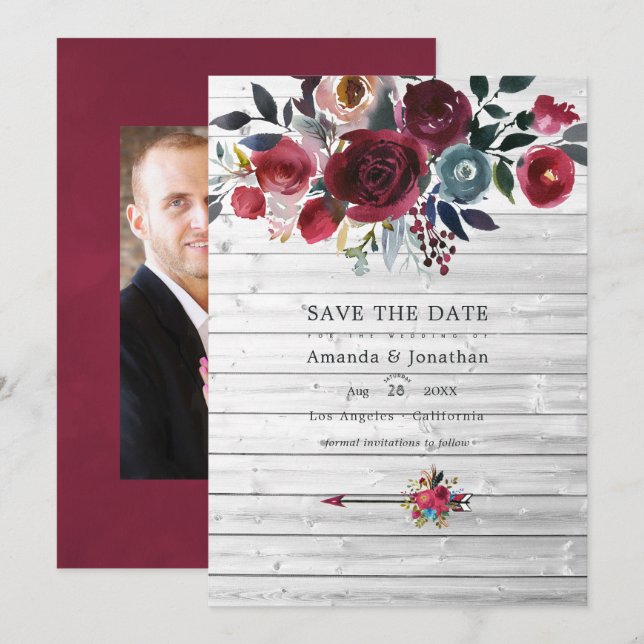 Reserve A Data Casamento Floral Rústico Boho Chic Burgundy e Azul (Frente/Verso)