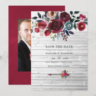 Reserve A Data Casamento Floral Rústico Boho Chic Burgundy e Azul
