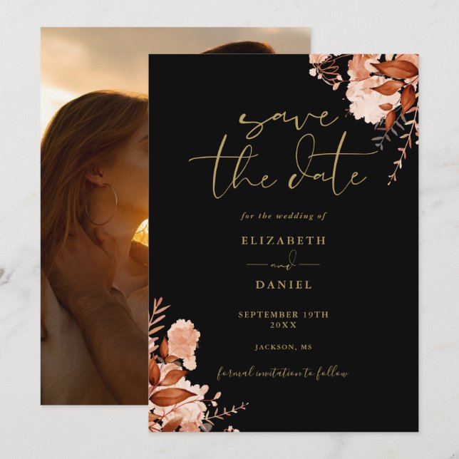 Reserve A Data Casamento Floral Rústico de Outono Preto e Dourado (Frente/Verso)